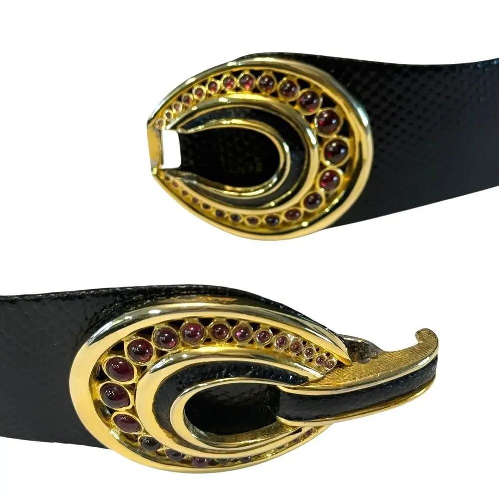 Judith Leiber Vintage Adjustable Belt w/ Interlocking Buckle - Black Leather